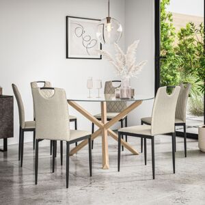 MORE4HOMES Malvern Round Dining Table And Chairs - Clear Glass Table Top w Solid Oak Legs + Monza Fabric Dining Chair Set Of 6 (Beige) MORE4HOMES Malvern Round Dining Table And Chairs - Clear Glass Table Top w Solid Oak Legs + Monza Fabric Dining Chair Set Of 6 (Beige)