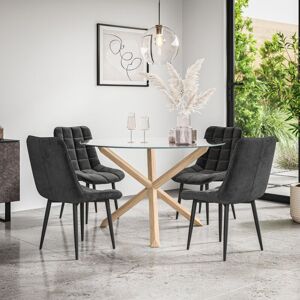 MORE4HOMES Malvern Round Dining Table And Chairs - Clear Glass Table Top w Solid Oak Legs + Nova Velvet Dining Chair Set Of 4 (Black) MORE4HOMES Malvern Round Dining Table And Chairs - Clear Glass Table Top w Solid Oak Legs + Nova Velvet Dining Chair Set Of 4 (Black)