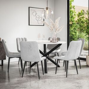 MORE4HOMES Malvern Round Dining Table And Chairs - Marble Table Top w Solid Black Oak Legs + Nova Velvet Dining Chair Set Of 6 (Grey) MORE4HOMES Malvern Round Dining Table And Chairs - Marble Table Top w Solid Black Oak Legs + Nova Velvet Dining Chair Set Of 6 (Grey)