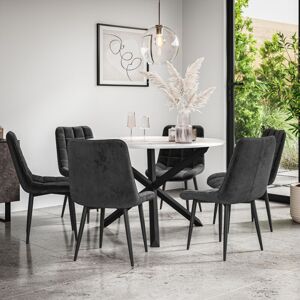 MORE4HOMES Malvern Round Dining Table And Chairs - Marble Table Top w Solid Black Oak Legs + Nova Velvet Dining Chair Set Of 6 (Black) MORE4HOMES Malvern Round Dining Table And Chairs - Marble Table Top w Solid Black Oak Legs + Nova Velvet Dining Chair Set Of 6 (Black)