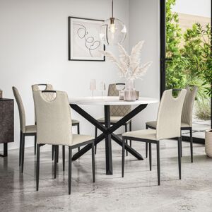 MORE4HOMES Malvern Round Dining Table And Chairs - Marble Table Top w Solid Oak Black Legs + Monza Fabric Dining Chair Set Of 4 (Beige) MORE4HOMES Malvern Round Dining Table And Chairs - Marble Table Top w Solid Oak Black Legs + Monza Fabric Dining Chair Set Of 4 (Beige)