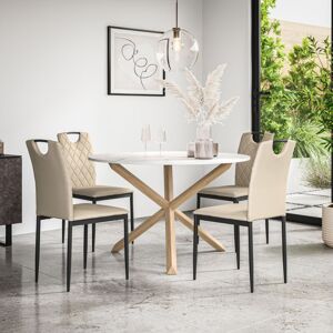 MORE4HOMES Malvern Round Dining Table And Chairs - Marble Table Top w Solid Oak Legs + Monza Faux Leather Dining Chair Set Of 4 (Beige) MORE4HOMES Malvern Round Dining Table And Chairs - Marble Table Top w Solid Oak Legs + Monza Faux Leather Dining Chair Set Of 4 (Beige)