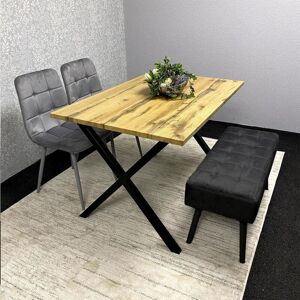 KOSY KOALA Modern Dining Table Set with Padded Bench and 2 Grey Velvet Chairs – Wood Effect Tabletop with X-Shaped Metal Legs – Stylish Kitchen or Dining Room KOSY KOALA Modern Dining Table Set with Padded Bench and 2 Grey Velvet Chairs – Wood Effect Tabletop with X-Shaped Metal Legs – Stylish Kitchen or Dining Room