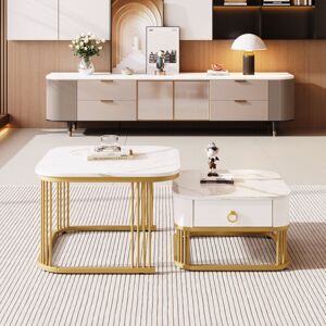 Abrihome - Nestable Coffee Table: High Gloss Marble Exterior, Gold Accents, Side Table with Drawer(set of 2), mdf, White Abrihome - Nestable Coffee Table: High Gloss Marble Exterior, Gold Accents, Side Table with Drawer(set of 2), mdf, White