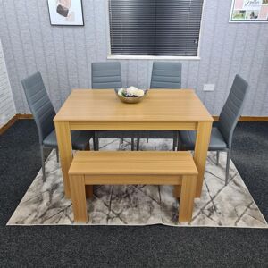 Kosy Koala - Dining Table and 4 Chairs With Bench Oak Effect Wood 4 Grey Leather Chairs Dining Room Kosy Koala - Dining Table and 4 Chairs With Bench Oak Effect Wood 4 Grey Leather Chairs Dining Room