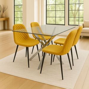 KOSY KOALA Rectangular Chrome Glass Table with 4 Mustard Leather Chairs KOSY KOALA Rectangular Chrome Glass Table with 4 Mustard Leather Chairs