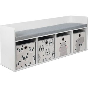 Relaxdays children's storage bench, HxWxD: 54 x 142 x 32 cm, reading seat with 4 boxes, animal designs, white/grey. Relaxdays children's storage bench, HxWxD: 54 x 142 x 32 cm, reading seat with 4 boxes, animal designs, white/grey.