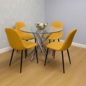 KOSY KOALA Round Clear Glass Dining Table with Chrome Metal Legs and 4 Mustard Leather Padded Chairs, Modern Dining Set KOSY KOALA Round Clear Glass Dining Table with Chrome Metal Legs and 4 Mustard Leather Padded Chairs, Modern Dining Set