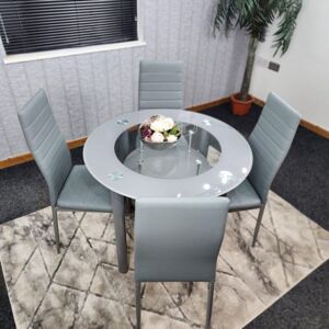 Kosy Koala - Dining Table and 4 Chairs Round Glass Grey 4 Grey Leather Chairs Dining Room Furniture Kosy Koala - Dining Table and 4 Chairs Round Glass Grey 4 Grey Leather Chairs Dining Room Furniture