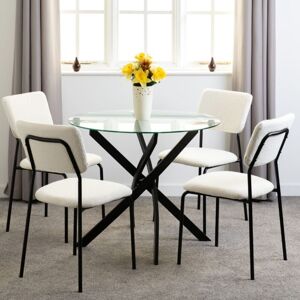 SECONIQUE Sheldon Round Clear Glass Top Dining Set with 4 Ivory Boucle Fabric Chairs SECONIQUE Sheldon Round Clear Glass Top Dining Set with 4 Ivory Boucle Fabric Chairs