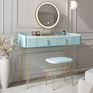 CARME HOME Tokyo Glow Velvet Dressing Table with led Touch Sensor Round Mirror Makeup Vanity Table with Storage Drawers Stool Set Bedroom Furniture Baby Blue CARME HOME Tokyo Glow Velvet Dressing Table with led Touch Sensor Round Mirror Makeup Vanity Table with Storage Drawers Stool Set Bedroom Furniture Baby Blue
