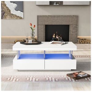 Dewdat - White High Gloss led Coffee Table, Tea Table with 16 Colors led Lights, Coffee Table with 2 Drawers and Open Storage Space, Rectangular Dewdat - White High Gloss led Coffee Table, Tea Table with 16 Colors led Lights, Coffee Table with 2 Drawers and Open Storage Space, Rectangular