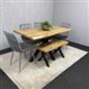 KOSY KOALA Wooden Brown Dining Table with Bench and 4 Grey Velvet Chairs, Stylish Dining Room Furniture KOSY KOALA Wooden Brown Dining Table with Bench and 4 Grey Velvet Chairs, Stylish Dining Room Furniture