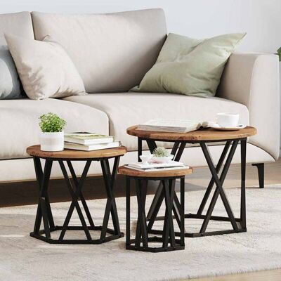 vidaXL Wooden and Metal Coffee Table Set - Rustic Charm vidaXL Wooden and Metal Coffee Table Set - Rustic Charm