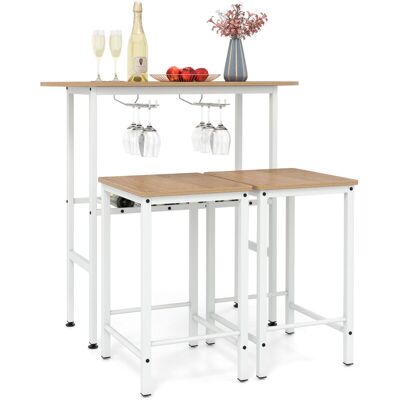 COSTWAY 3 Pieces Breakfast Bar Set Bar Table Set with 2 Stools-Natural COSTWAY 3 Pieces Breakfast Bar Set Bar Table Set with 2 Stools-Natural