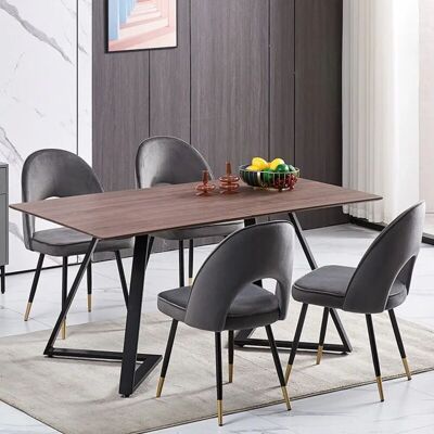 Ainpecca - 150cm Dining Table and Chair Set Brown - 4x Grey Velvet Dining Chairs & Wooden Dining Table Ainpecca - 150cm Dining Table and Chair Set Brown - 4x Grey Velvet Dining Chairs & Wooden Dining Table
