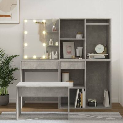 vidaXL Dressing Table Set with LED Concrete Grey - Bedroom Furniture vidaXL Dressing Table Set with LED Concrete Grey - Bedroom Furniture
