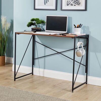 Home Source - Folding Dark Oak Compact Desk Storage Hook Wood Metal Home Office Workstation Home Source - Folding Dark Oak Compact Desk Storage Hook Wood Metal Home Office Workstation
