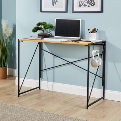 Home Source - Folding Light Oak Compact Desk Storage Hook Wood Metal Home Office Workstation Home Source - Folding Light Oak Compact Desk Storage Hook Wood Metal Home Office Workstation