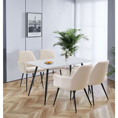 Hallowood Furniture Cullompton Small Dining Table and Chairs Set 4, White Marble Effect Dining Table (120x70cm) and Beige Fabric Chairs with Black Hallowood Furniture Cullompton Small Dining Table and Chairs Set 4, White Marble Effect Dining Table (120x70cm) and Beige Fabric Chairs with Black