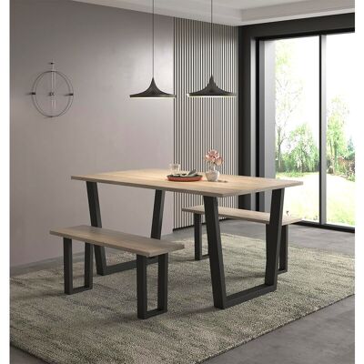 Hallowood Furniture Dudley Dining Table and Bench Set, Industrial Style Dining Table with Black Metal U Shaped Legs (150cm) & 2 Benches, Modern Hallowood Furniture Dudley Dining Table and Bench Set, Industrial Style Dining Table with Black Metal U Shaped Legs (150cm) & 2 Benches, Modern