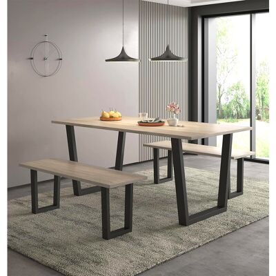 Hallowood Furniture Dudley Dining Table and Bench Set, Industrial Style Dining Table with Black Metal U Shaped Legs (180cm) & 2 Benches, Modern Hallowood Furniture Dudley Dining Table and Bench Set, Industrial Style Dining Table with Black Metal U Shaped Legs (180cm) & 2 Benches, Modern
