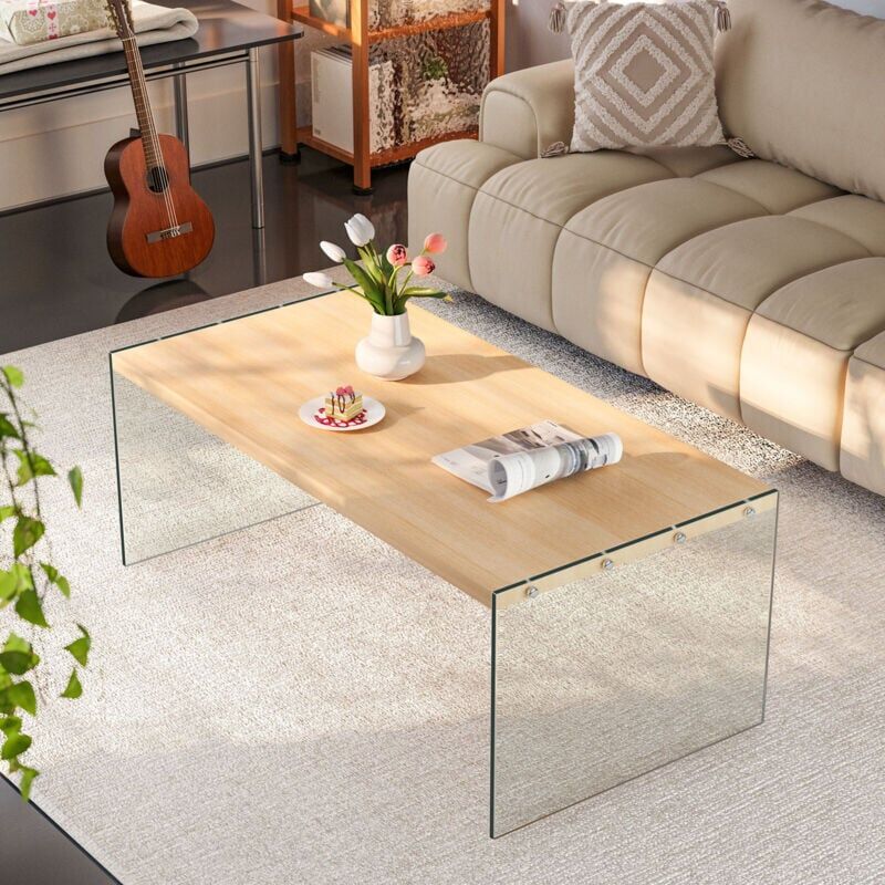 Unho - 48' Modern Tempered Glass Coffee Table Floating Wood Board Side End Table Living Room Furniture