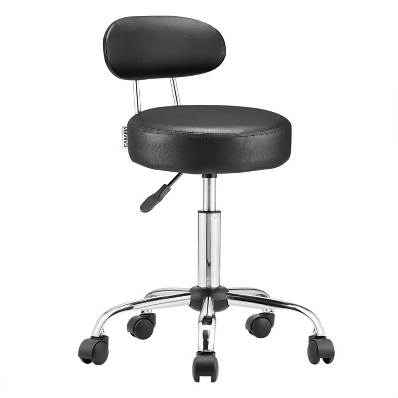 Casaria Adjustable Swivel Stool Portable Work Roller Chair on Wheels with Backrest Easy Care Synthetic Leather Chrome Base White or Black Black
