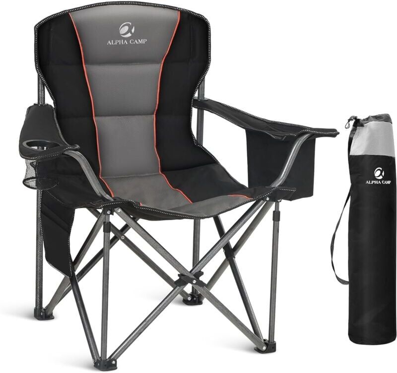 Alpha Camp - Padded Camping Chair Folding Portable Chair Oversized Camping Folding Portable Chair Heavy Duty Steel Frame Grey+Black