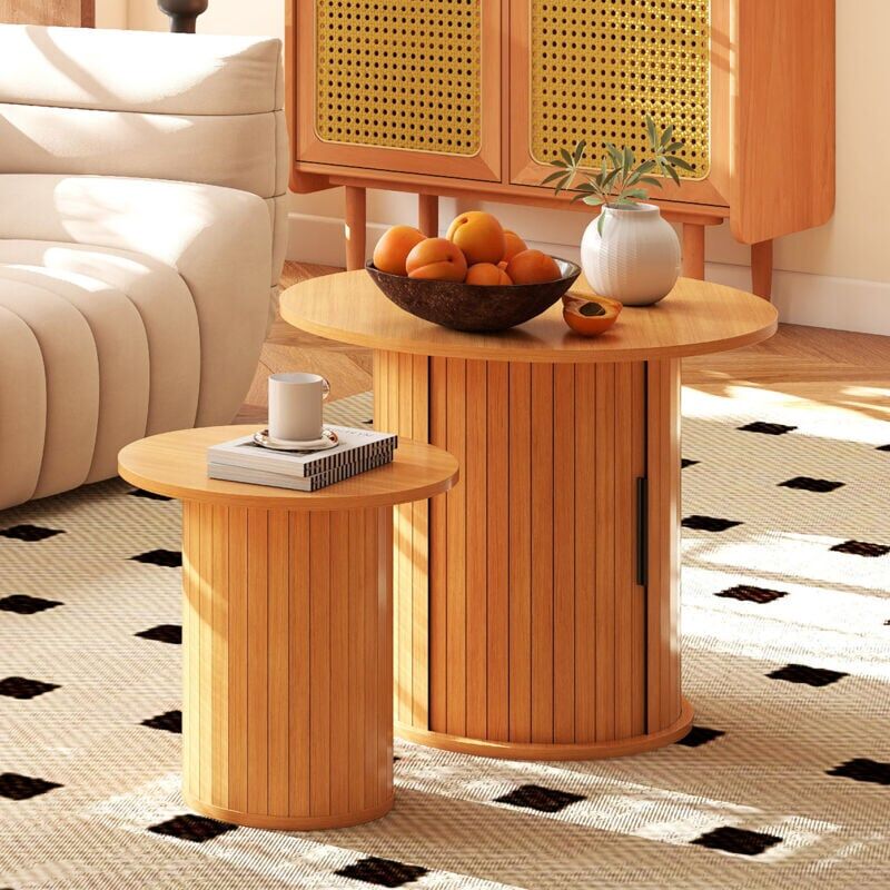 Cosvalve - 60CM Nesting Coffee Table Set of 2 with Hidden Storage & Sliding Door, Round Circle Wood Coffee Table, Farmhouse Side & End Table Sets for