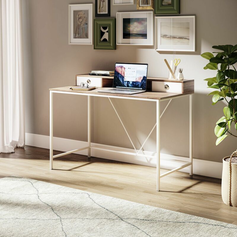 Hallowood Furniture - Dudley Office Desk with 2 Drawers, Computer & Gaming Desk with Metal Legs and Wooden Top, Modern Study Table Workstation for