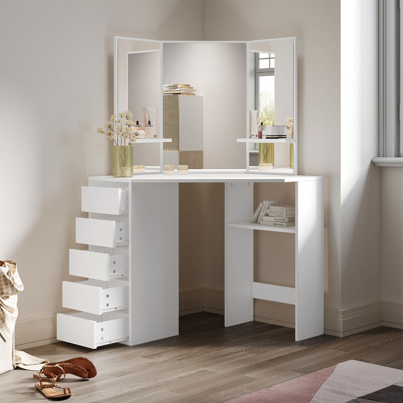 Elegant - Corner Dressing Table Makeup Dresser Desk with 3 Large Mirrors 5 Drawers White Vanity Console Bedroom Modern Furniture, Single table