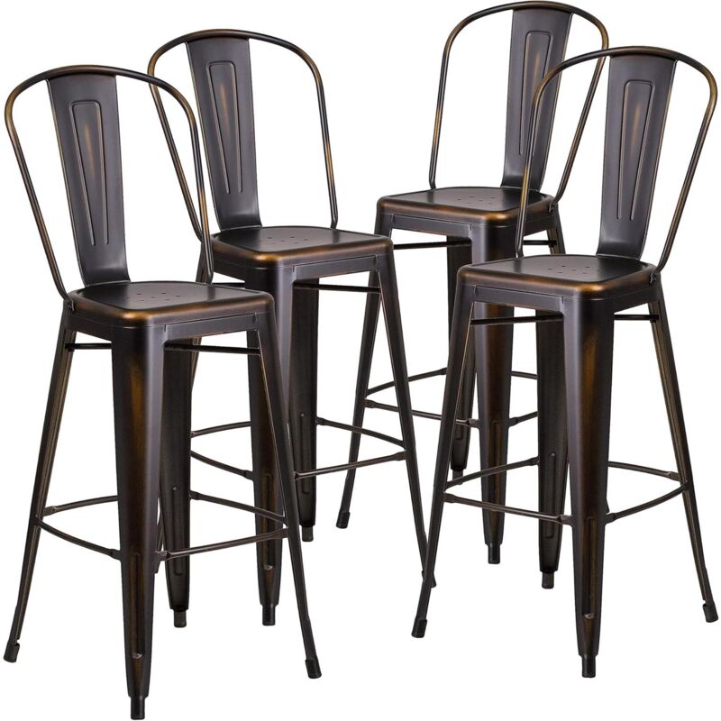 FWStyle Blake 30" High Back Metal Barstools - Set of 4 - Distressed Black Copper - Commercial Grade - Indoor/Outdoor Use