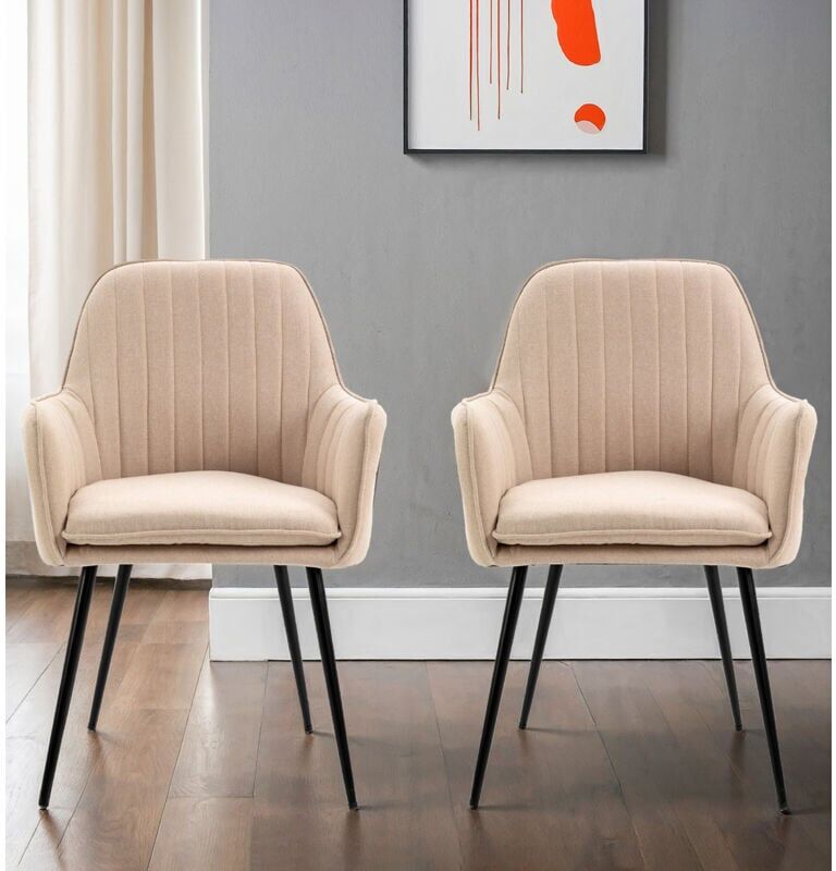 Hallowood Furniture Cullompton Dining Chairs Set of 2, Upholstered Light Brown Fabric Dining Chairs with Armrests and Sturdy Black Metal Legs for