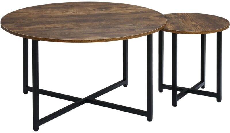 Homcom - 2 Pcs Round Coffee Table with Metal Frame Side Accent Tables Brown
