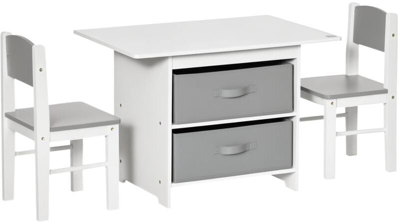 Homcom - 3 Pcs Kids Table & Chairs Set Toddler Furniture w/ Storage Drawers White