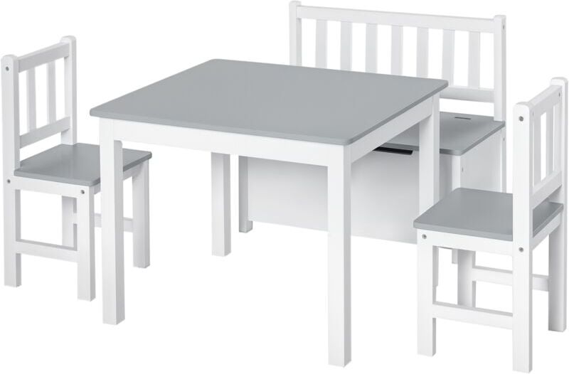 4-Piece Kids Table and Chair Set with 2 Wooden Chairs, 1 Storage Bench Grey - Homcom