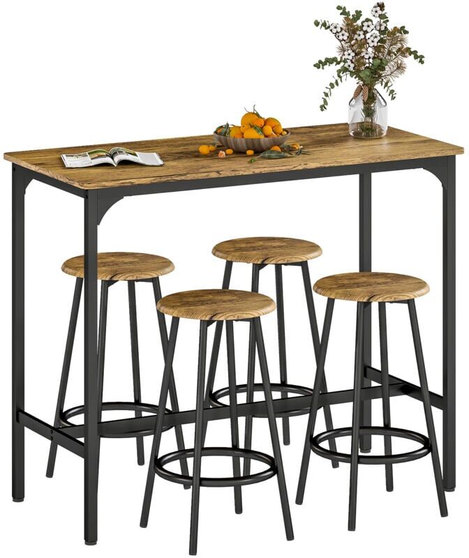 Homcom - 5 Piece Bar Table and Stools Set with Metal Frame Rustic Brown