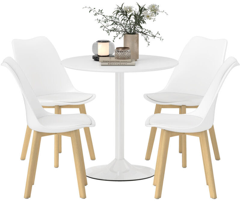 Homcom - 80cm Dining Table Set with 4 pu Padded Chairs, Solid Wood Legs, White