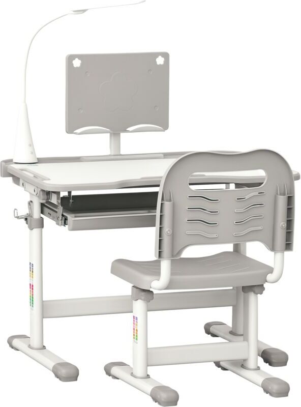 Homcom - Kids Desk and Chair Set, Height Adjustable Study Desk with usb Lamp Grey