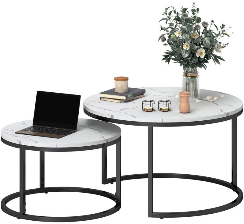 Homcom - 2 Pcs Stacking Coffee Table Set Steel Frame Marble-Effect Top Foot Pads White