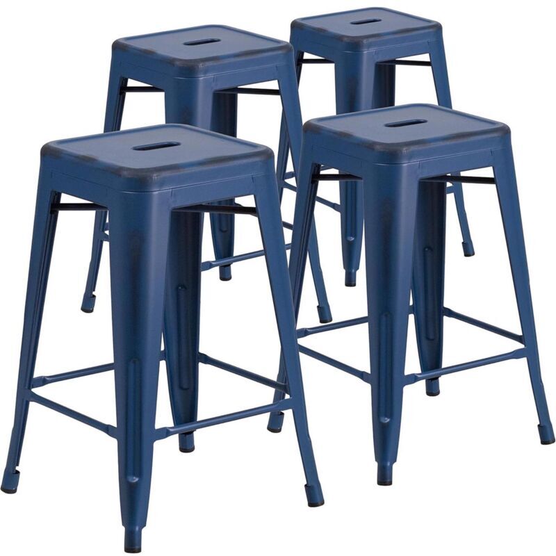Fwstyle - Kai 24' High Backless Metal Barstools - Set of 4 - Distressed Antique Blue- Commercial Grade - Indoor/Outdoor Use