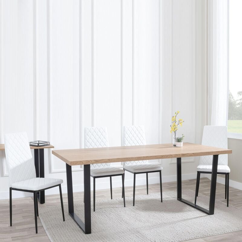 URBAN DECO Latin Oak Effect Dining Set - Novato White Leather Chairs with Black Legs