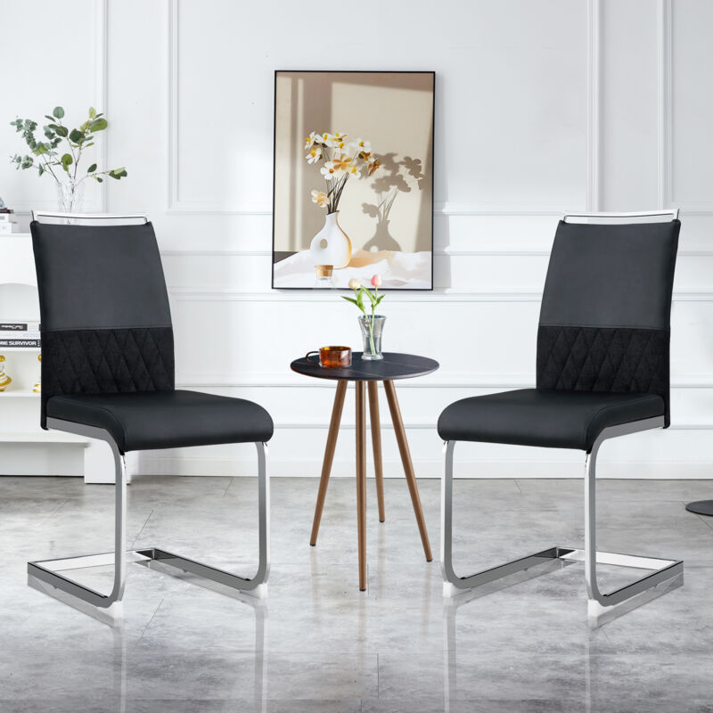 ABRIHOME Modern Dining Chairs Set of 2, Backrest Made of pu Faux Leather and Linen, High Back Padded Side Chair, for Dining Room, Guest Office Chair, Black