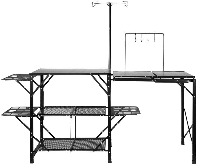 Mophorn Camping Kitchen Table, One-piece Folding Portable Cook Station with A Carrying Bag, Long Aluminum Camping Table 3 Side Tables, 2 Shelves & A