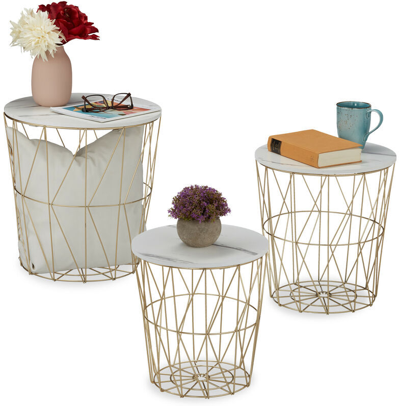 Relaxdays - Basket Side Table, Set 3 Sizes, Wired Storage, Metal & Marble Look, Sofa or Bedside Stand, Decorative, White