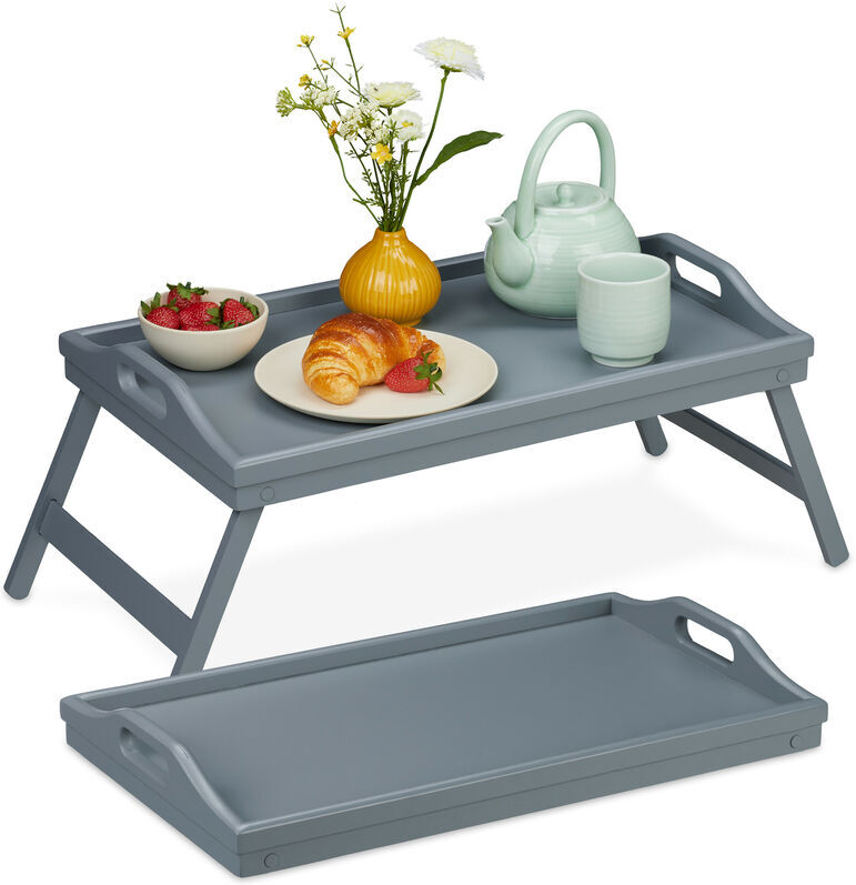 Relaxdays Folding Serving Tray, Set of 2, for Breakfast in Bed, with Legs & Handles, Bamboo & MDF, 24 x 60 x 30 cm, Grey