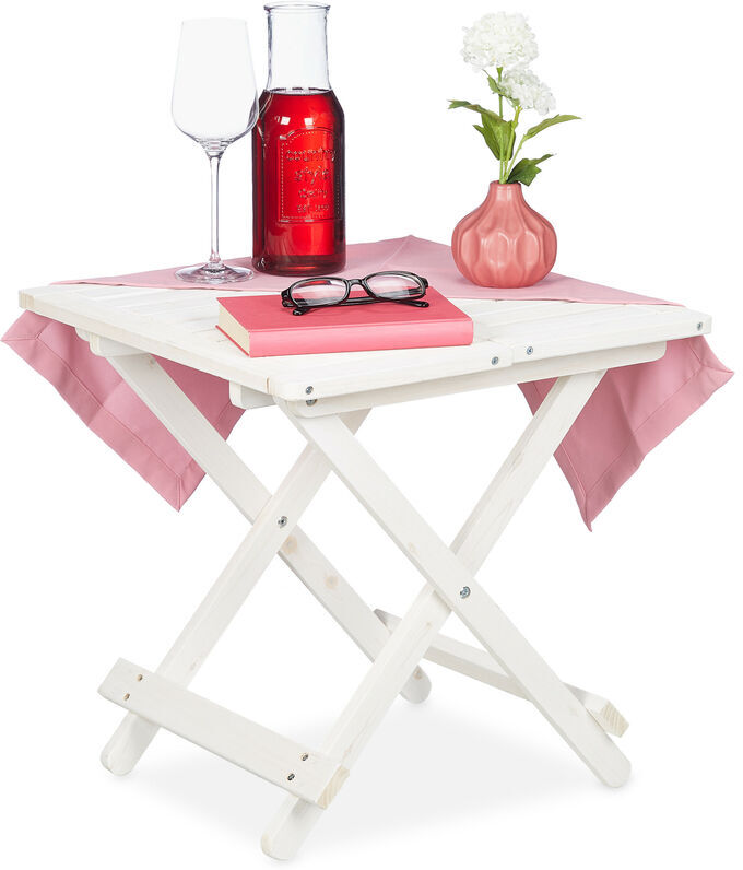 Relaxdays - Wooden Folding Table, Balcony & Terrace or Camping, Portable, Stable, Side Tray hwd: 50x50x50 cm, White