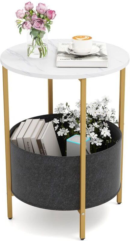 Costway - Round End Table Small Space 2-Tier Side Table w/ Fabric Basket-White