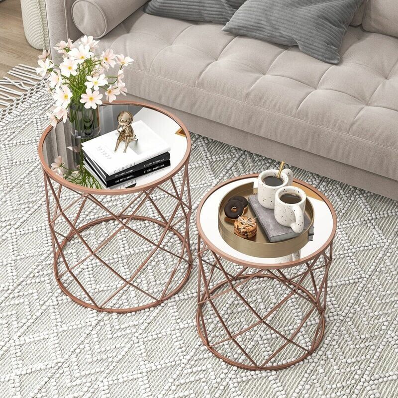 Costway - Set of 2 Stackable Round End Table Modern Space Saving Side Table W/Mirrored Top